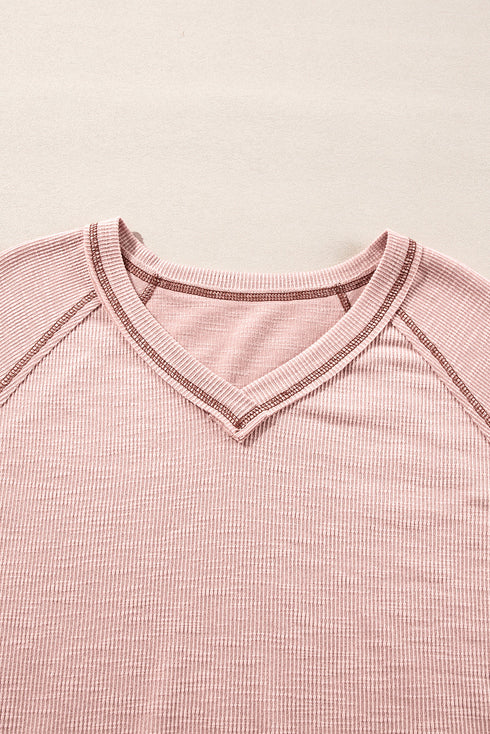 Exposed Seam Textured Knit V Neck Pullover Long Sleeve Top