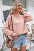Exposed Seam Textured Knit V Neck Pullover Long Sleeve Top