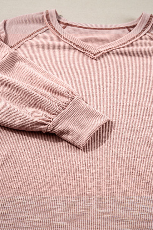 Exposed Seam Textured Knit V Neck Pullover Long Sleeve Top