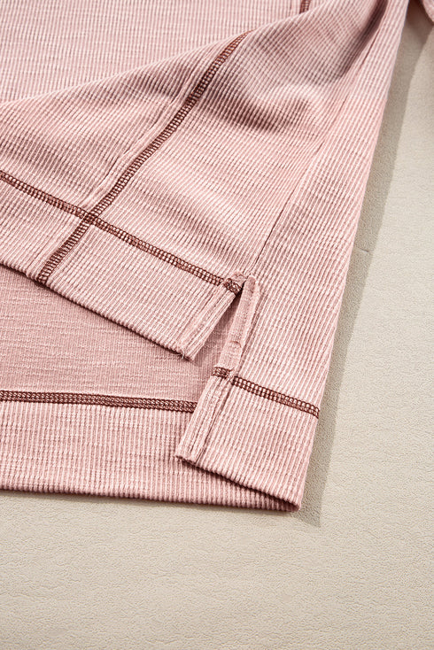 Exposed Seam Textured Knit V Neck Pullover Long Sleeve Top