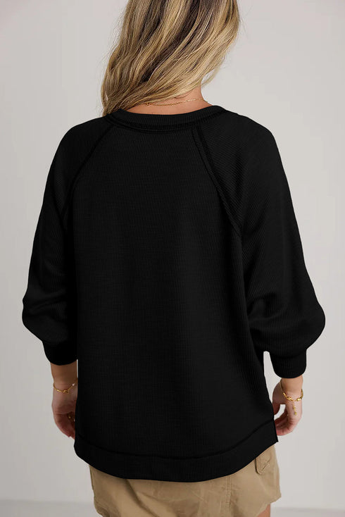 Exposed Seam Textured Knit V Neck Pullover Long Sleeve Top