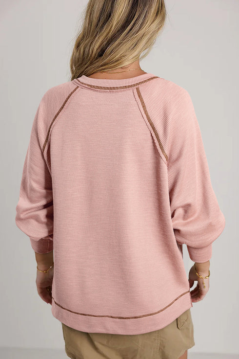 Exposed Seam Textured Knit V Neck Pullover Long Sleeve Top