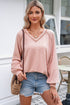 Exposed Seam Textured Knit V Neck Pullover Long Sleeve Top