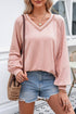 Exposed Seam Textured Knit V Neck Pullover Long Sleeve Top