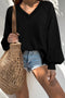 Exposed Seam Textured Knit V Neck Pullover Long Sleeve Top