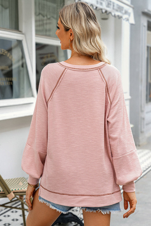 Exposed Seam Textured Knit V Neck Pullover Long Sleeve Top