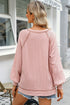 Exposed Seam Textured Knit V Neck Pullover Long Sleeve Top