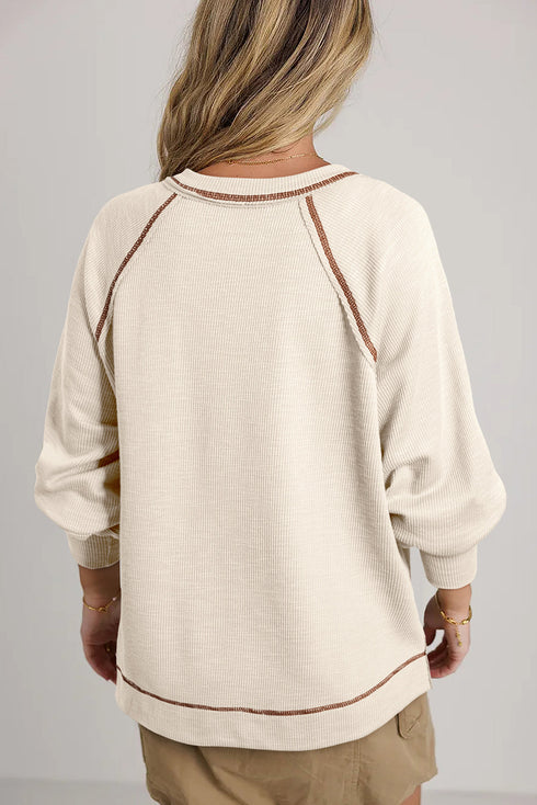 Exposed Seam Textured Knit V Neck Pullover Long Sleeve Top