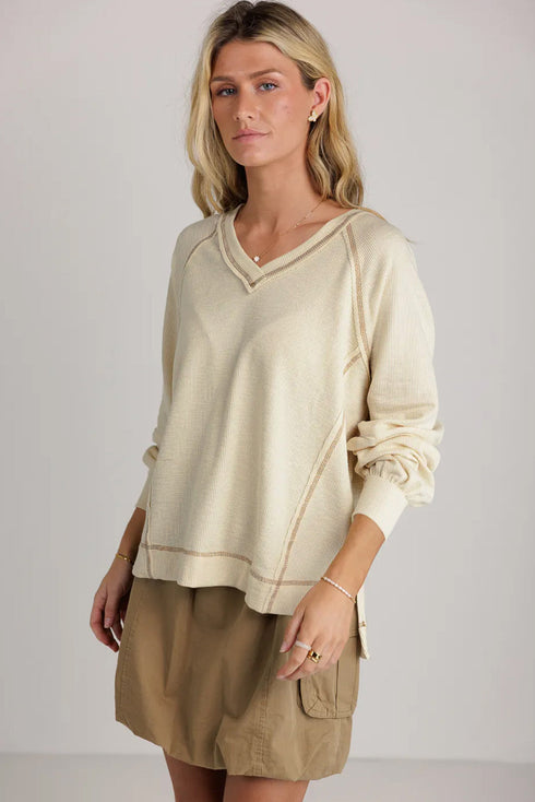 Exposed Seam Textured Knit V Neck Pullover Long Sleeve Top