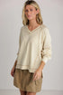 Exposed Seam Textured Knit V Neck Pullover Long Sleeve Top