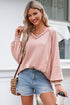 Exposed Seam Textured Knit V Neck Pullover Long Sleeve Top