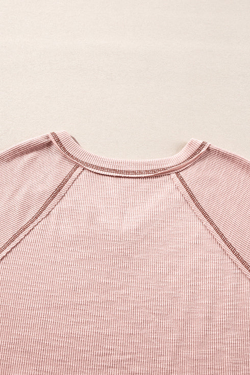 Exposed Seam Textured Knit V Neck Pullover Long Sleeve Top