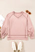 Exposed Seam Textured Knit V Neck Pullover Long Sleeve Top