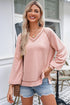 Exposed Seam Textured Knit V Neck Pullover Long Sleeve Top