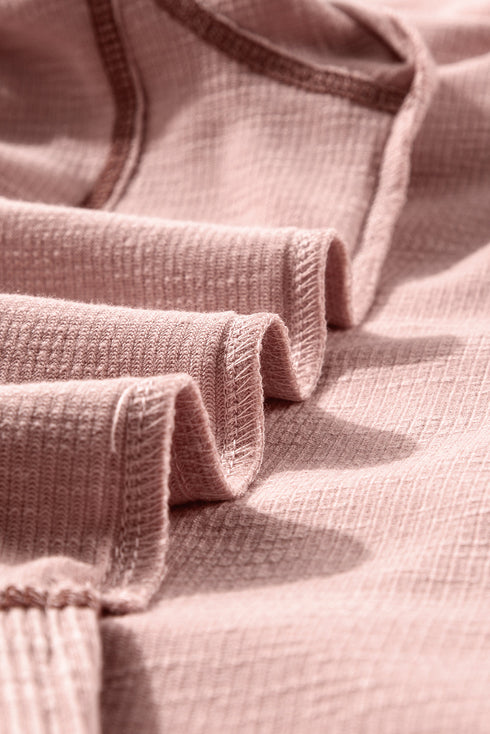 Exposed Seam Textured Knit V Neck Pullover Long Sleeve Top