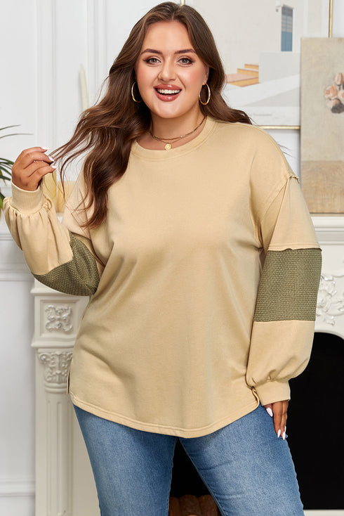Exposed Seam Textured Patchwork Drop Shoulder Long Sleeve Top