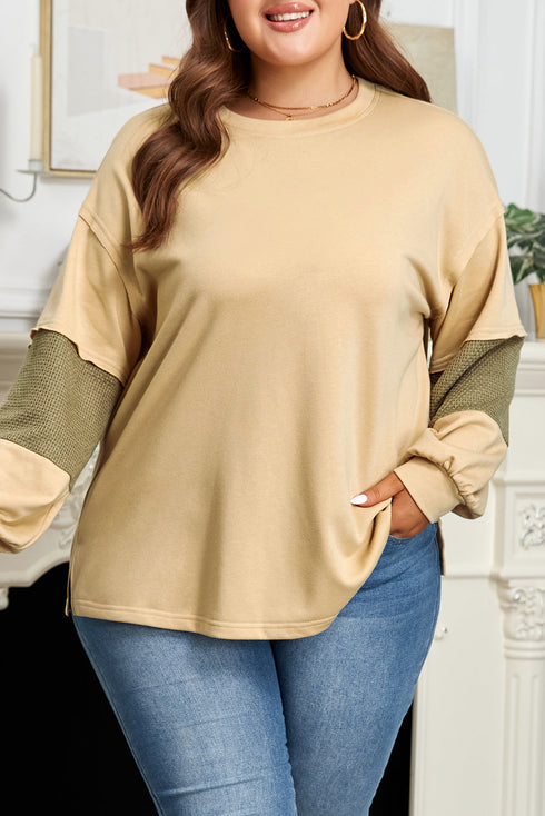 Exposed Seam Textured Patchwork Drop Shoulder Long Sleeve Top
