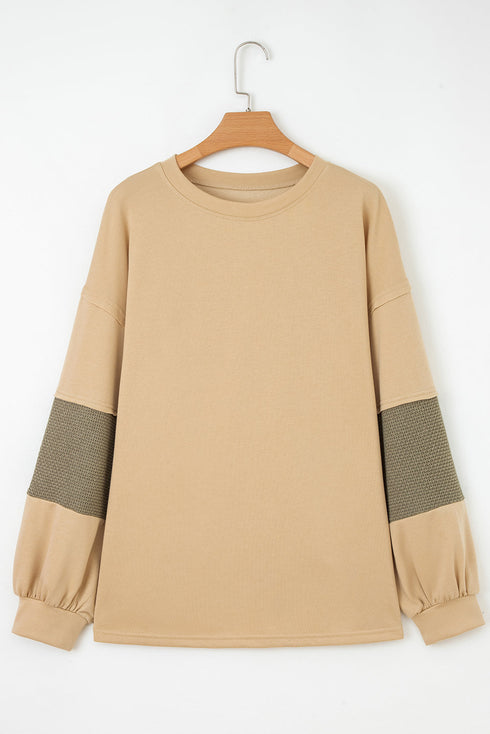 Exposed Seam Textured Patchwork Drop Shoulder Long Sleeve Top