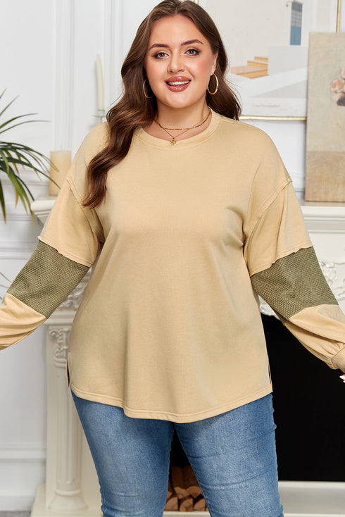 Exposed Seam Textured Patchwork Drop Shoulder Long Sleeve Top