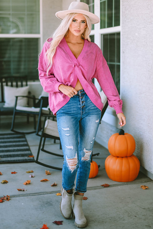 Exposed Seam Twist Open Back Oversized Pullover Sweatshirt