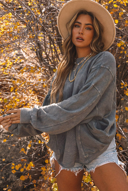 Exposed Seam Twist Open Back Oversized Pullover Sweatshirt