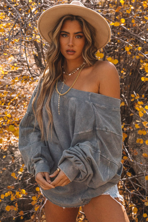 Exposed Seam Twist Open Back Oversized Pullover Sweatshirt