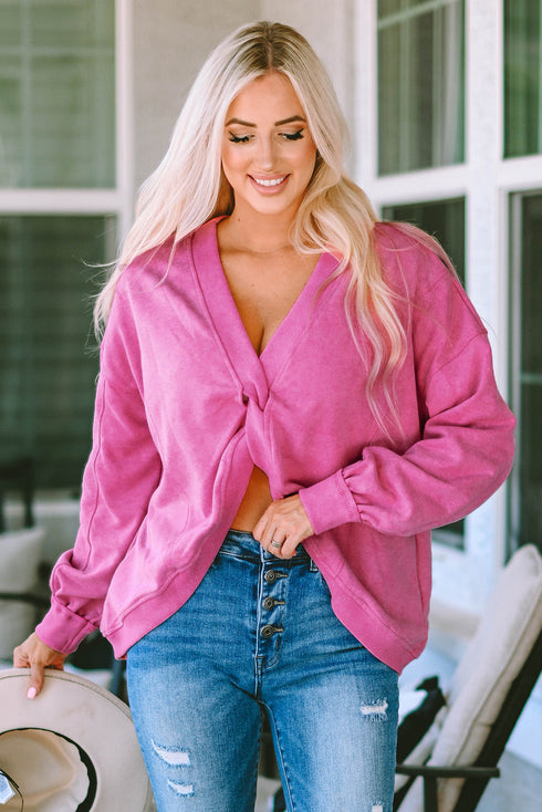 Exposed Seam Twist Open Back Oversized Pullover Sweatshirt
