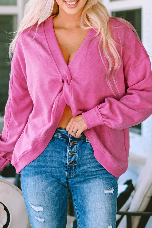 Exposed Seam Twist Open Back Oversized Pullover Sweatshirt