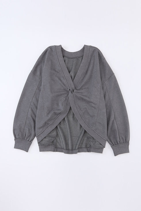 Exposed Seam Twist Open Back Oversized Pullover Sweatshirt