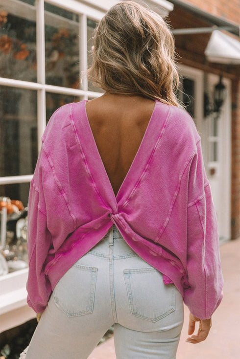 Exposed Seam Twist Open Back Oversized Pullover Sweatshirt