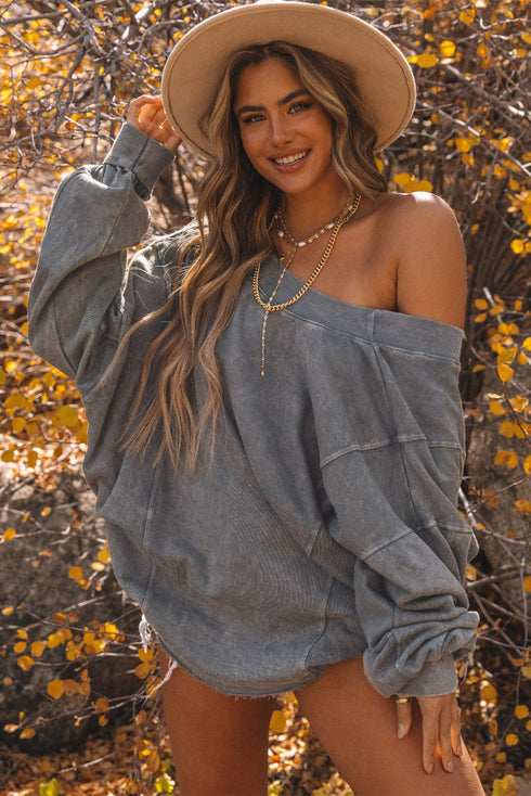 Exposed Seam Twist Open Back Oversized Pullover Sweatshirt
