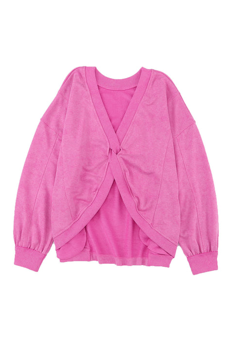 Exposed Seam Twist Open Back Oversized Pullover Sweatshirt