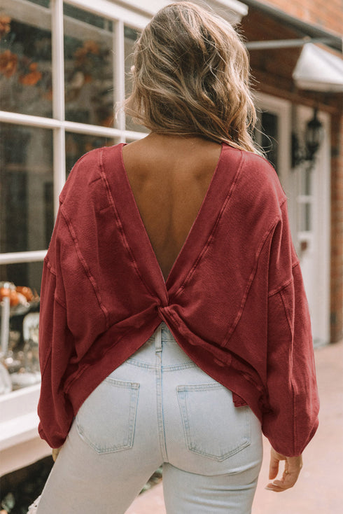 Exposed Seam Twist Open Back Oversized Pullover Sweatshirt