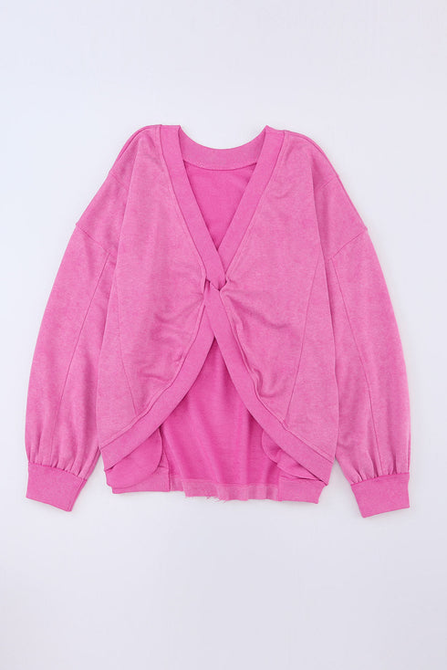 Exposed Seam Twist Open Back Oversized Pullover Sweatshirt