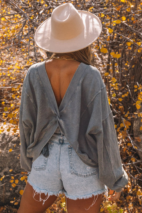 Exposed Seam Twist Open Back Oversized Pullover Sweatshirt