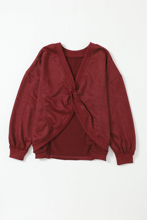 Exposed Seam Twist Open Back Oversized Pullover Sweatshirt
