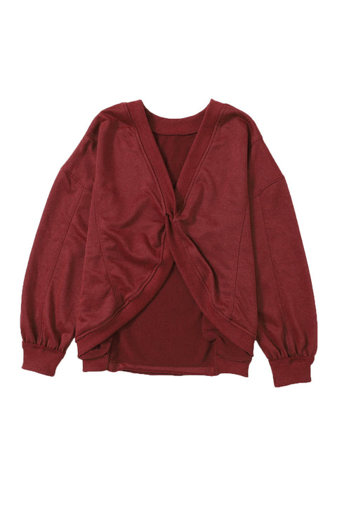 Exposed Seam Twist Open Back Oversized Pullover Sweatshirt