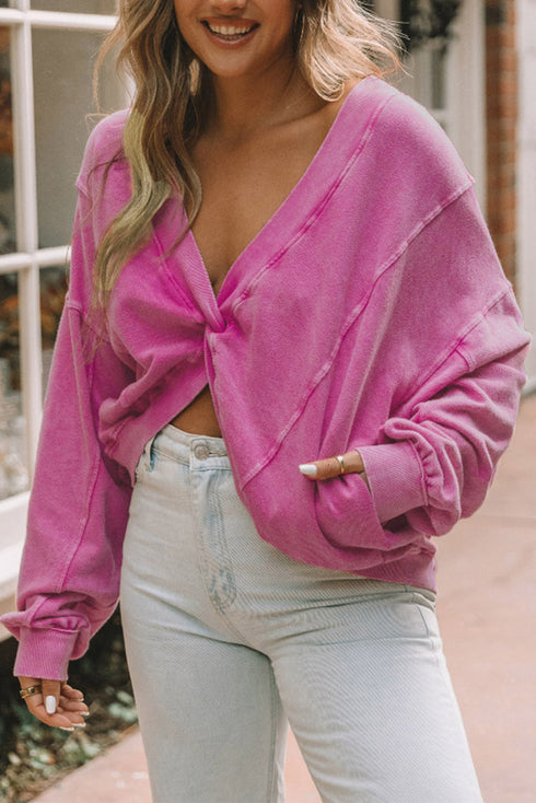 Exposed Seam Twist Open Back Oversized Pullover Sweatshirt