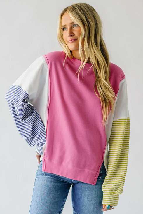 Exposed Seam Waffle Knit Striped Patchwork Long Sleeve Top