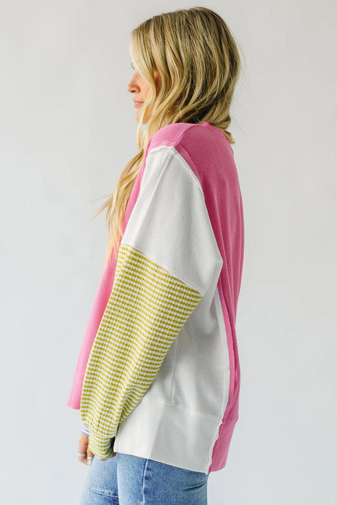 Exposed Seam Waffle Knit Striped Patchwork Long Sleeve Top