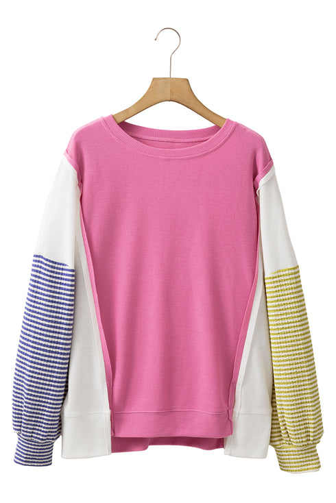 Exposed Seam Waffle Knit Striped Patchwork Long Sleeve Top