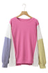 Exposed Seam Waffle Knit Striped Patchwork Long Sleeve Top