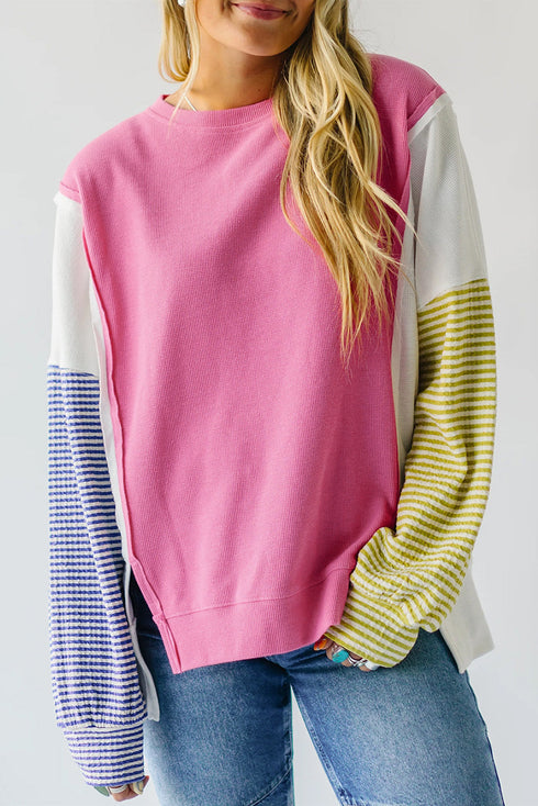 Exposed Seam Waffle Knit Striped Patchwork Long Sleeve Top