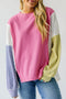 Exposed Seam Waffle Knit Striped Patchwork Long Sleeve Top