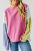 Exposed Seam Waffle Knit Striped Patchwork Long Sleeve Top