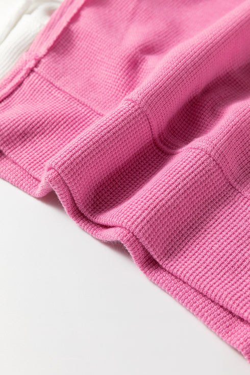 Exposed Seam Waffle Knit Striped Patchwork Long Sleeve Top