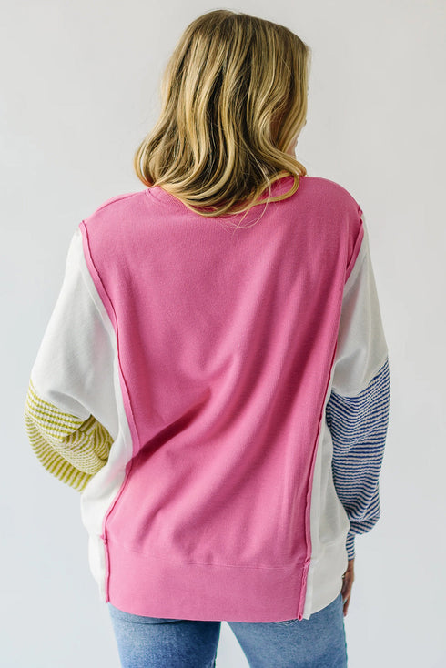 Exposed Seam Waffle Knit Striped Patchwork Long Sleeve Top