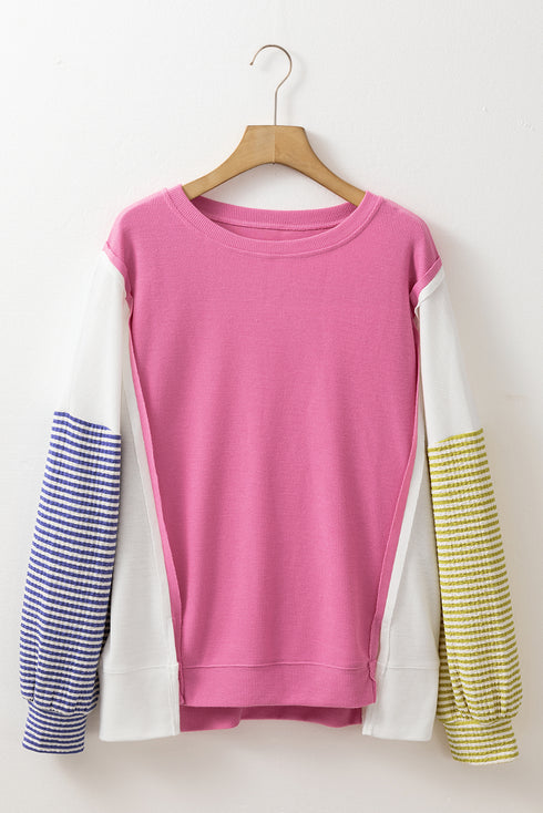 Exposed Seam Waffle Knit Striped Patchwork Long Sleeve Top