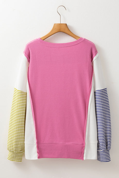 Exposed Seam Waffle Knit Striped Patchwork Long Sleeve Top