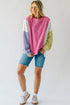 Exposed Seam Waffle Knit Striped Patchwork Long Sleeve Top